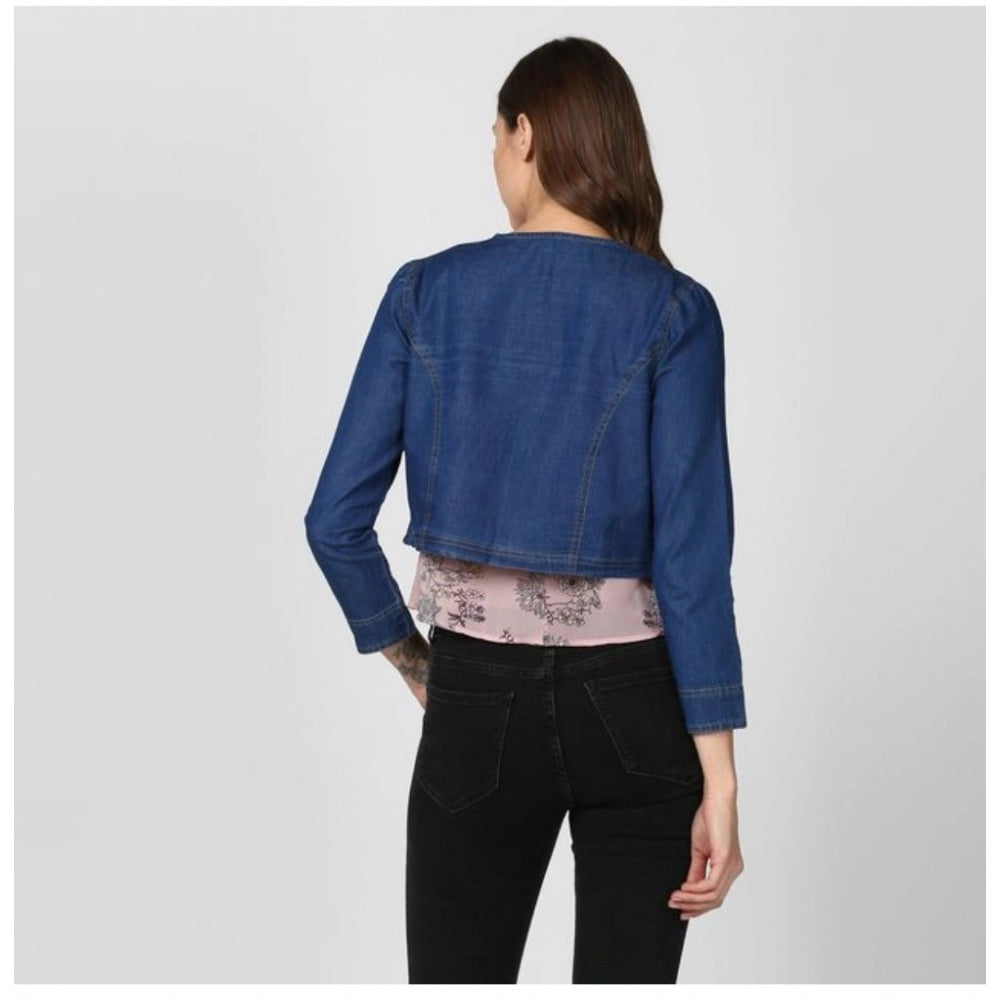 Women's Denim Ruffled Long Sleeves Shrug — Navy Blue