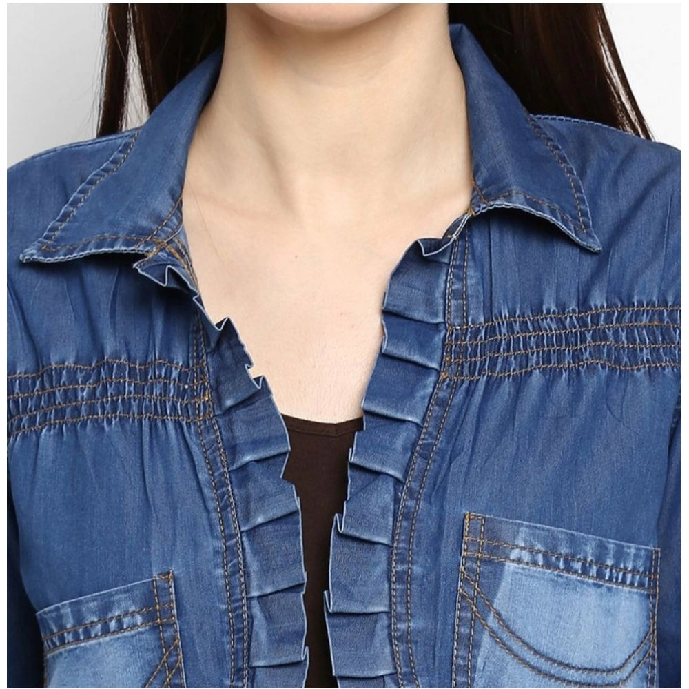 Women's Denim Pleated 3-4th Sleeves Shrug — Blue