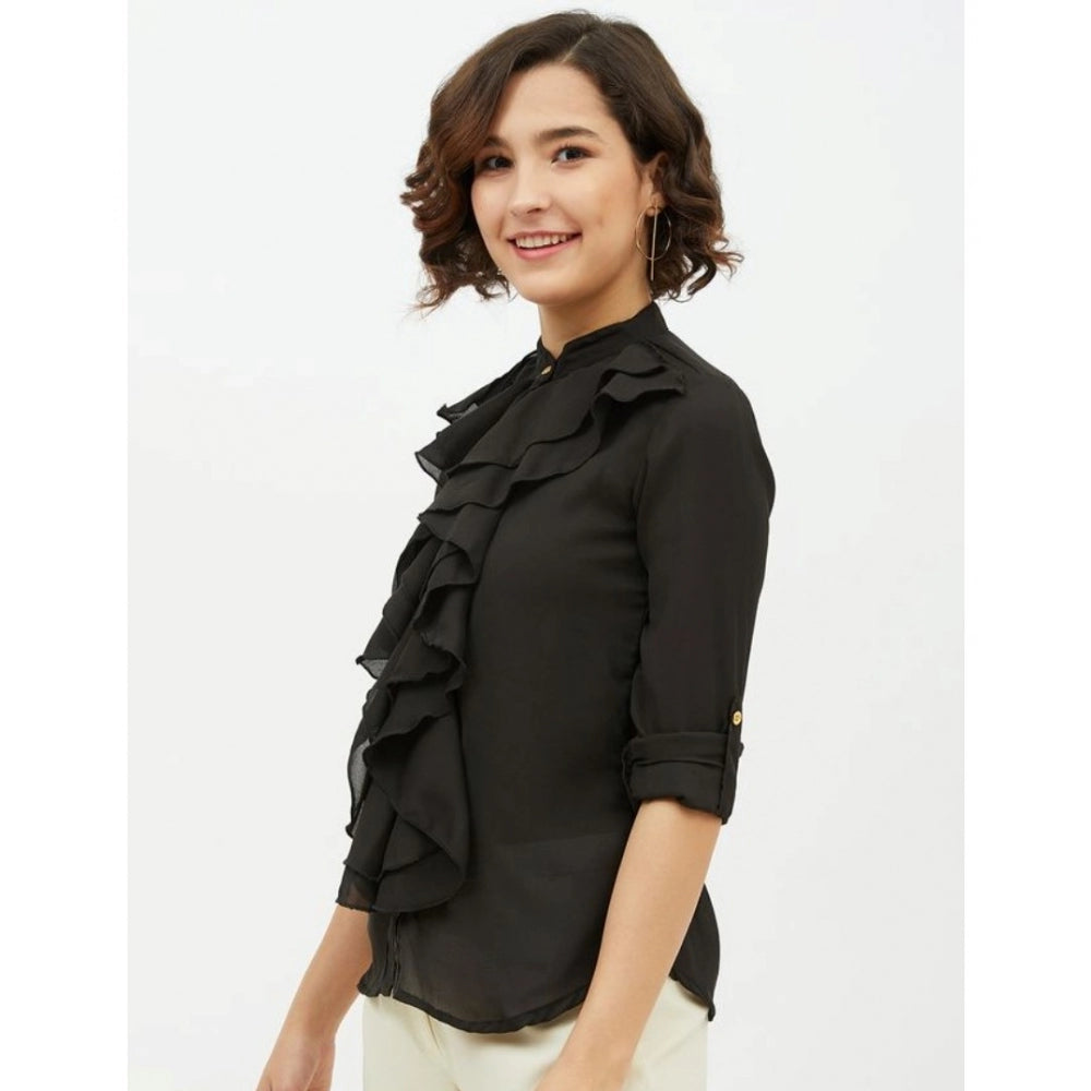 Women's Ruffled Long Sleeves Standard Length Shirt — Black