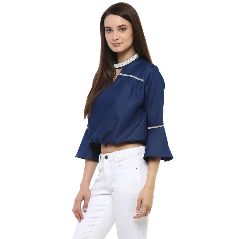 Women's Solid Bell Sleeve Regular Top — Blue