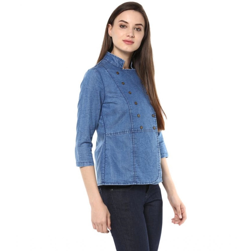 Women's Denim Solid 3-4th Sleeves Regular Top — Blue