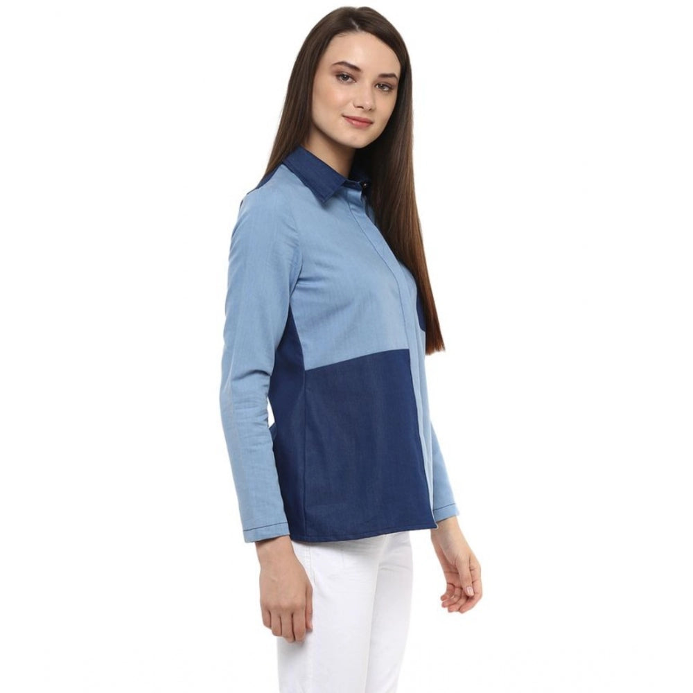 Women's Denim Patch Work Long Sleeves Regular Top — Blue
