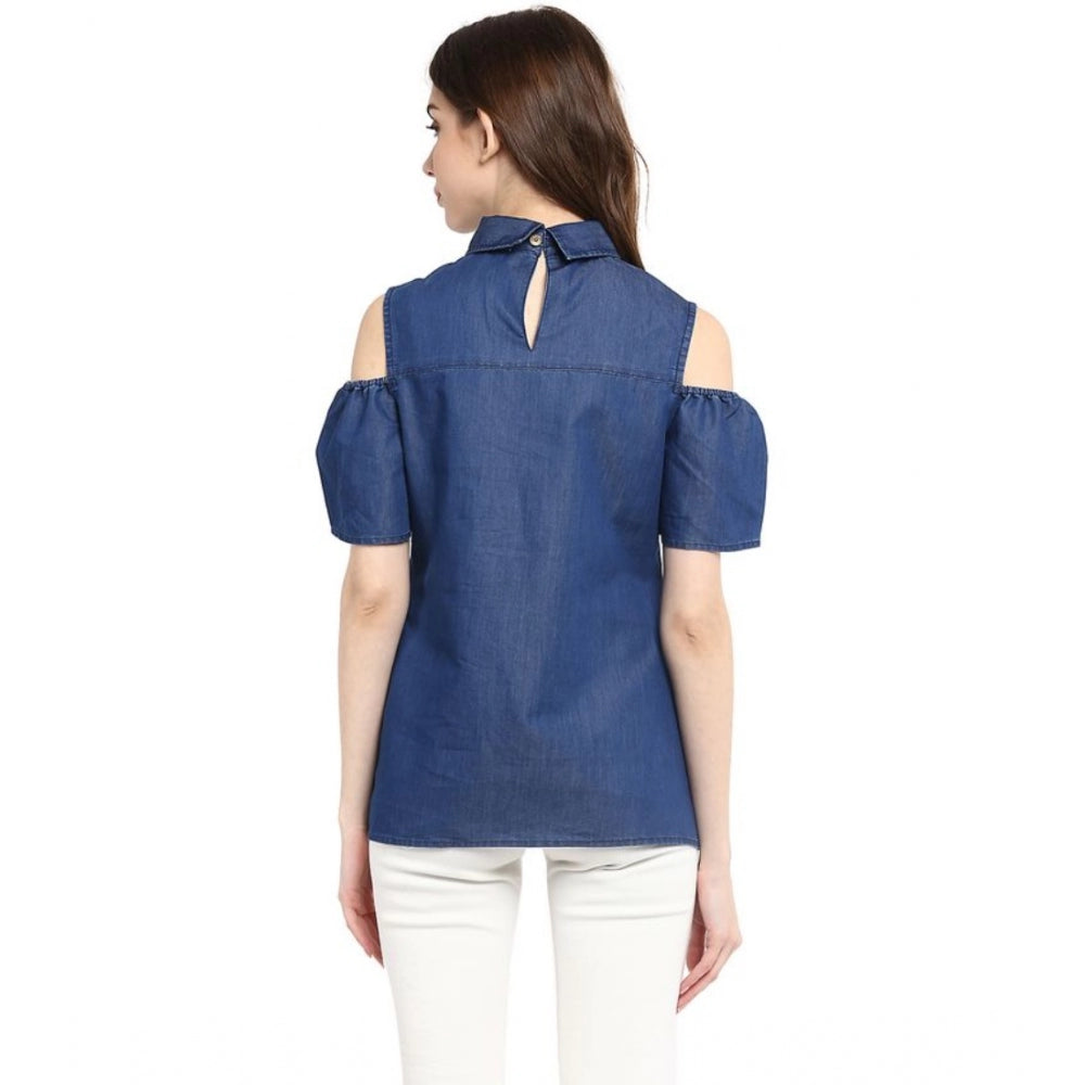 Women's Denim Solid Cold Shoulder Regular Top — Blue