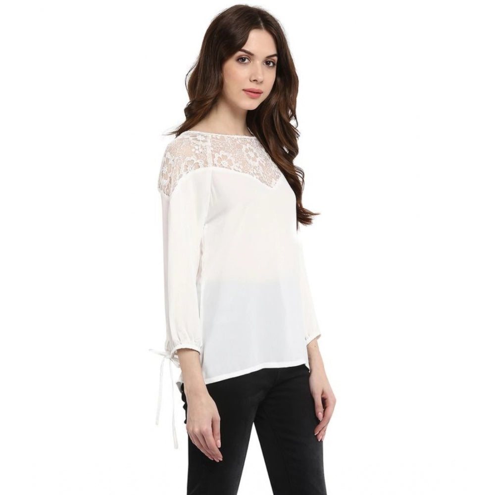 Women's Georgette Self Design 3-4th Sleeves Regular Top — White