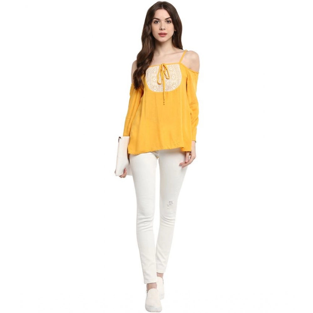 Women's Rayon Embellished Cold Shoulder Regular Top — Mustard Yellow