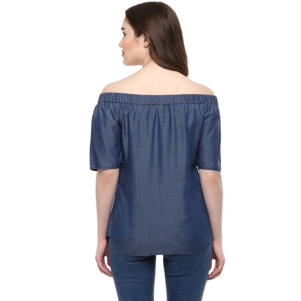Women's Denim Solid Short Sleeve Regular Top — Blue