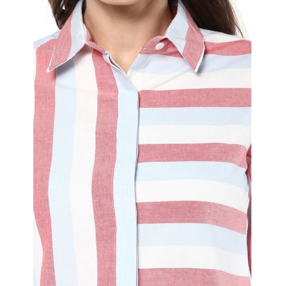 Women's Cotton Striped Roll Up Sleeve Regular Top — Red