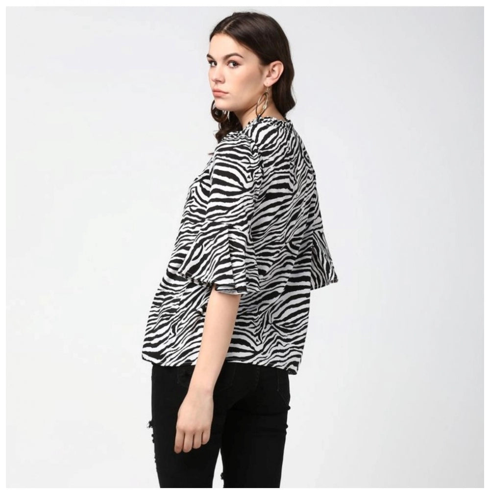 Women's Animal Print Bell Sleeve Top — Black - White