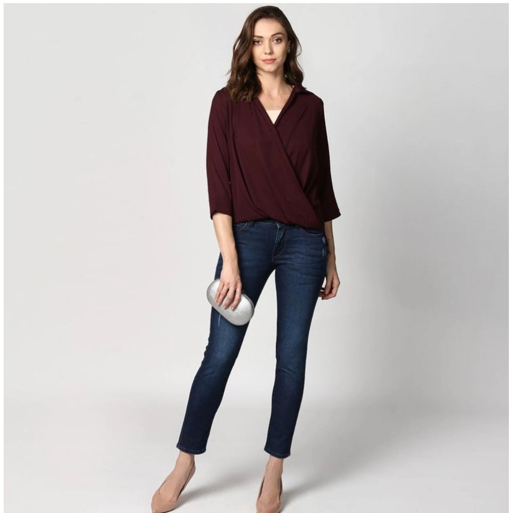 Women's Solid 3-4th Sleeves Top — Maroon