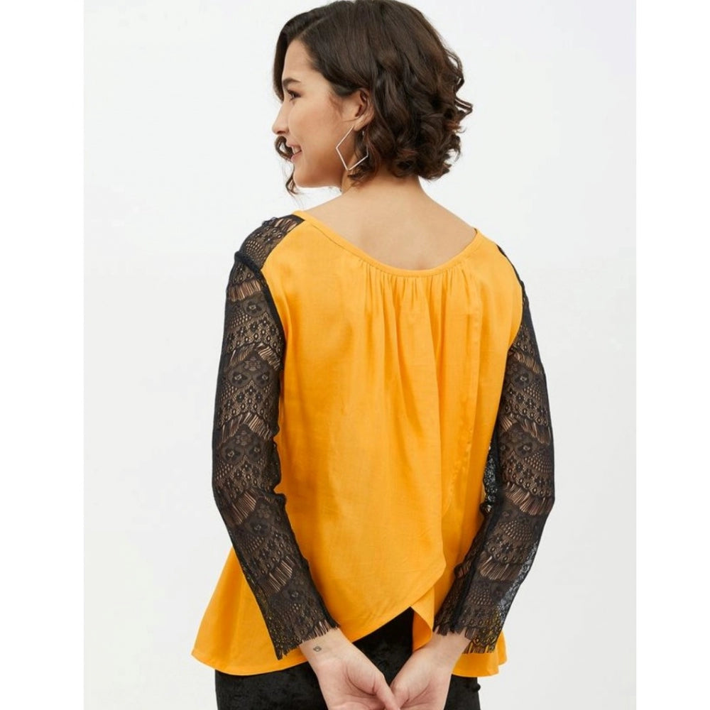 Women's Rayon Lace Inserts Long Sleeves Top — Yellow