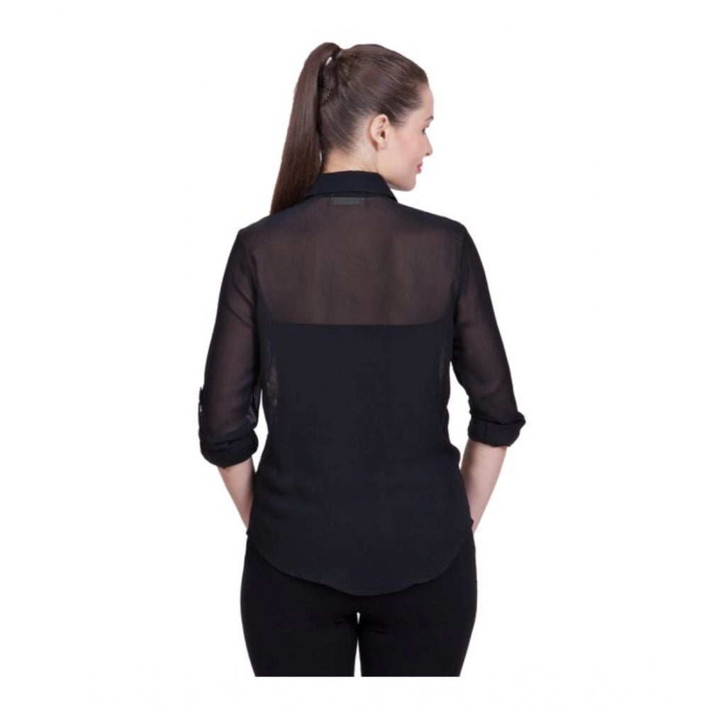 Women's Printed Roll Up Sleeve Standard Length Shirt — Black