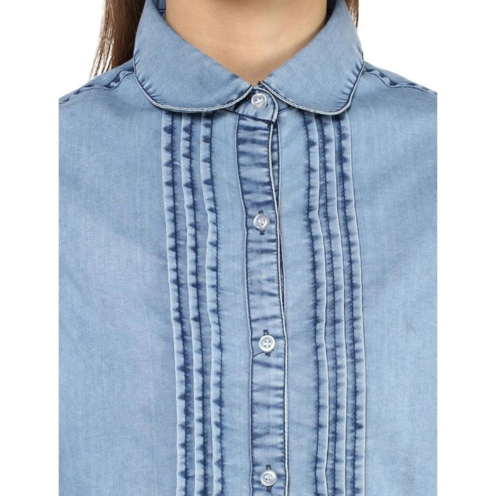 Women's Denim Solid 3-4th Sleeves Standard Length Shirt — Blue