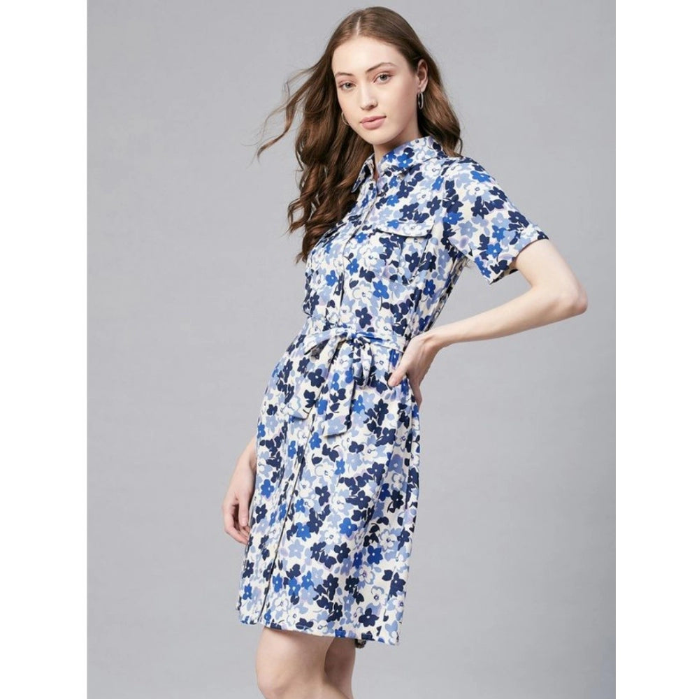 Women's Floral Short Sleeve Above Knee Dress — Blue - White