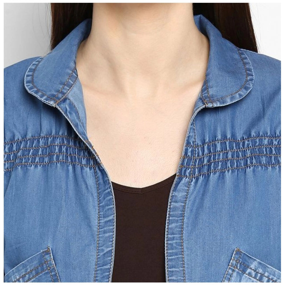 Women's Denim Smocking 3-4th Sleeves Shrug — Blue