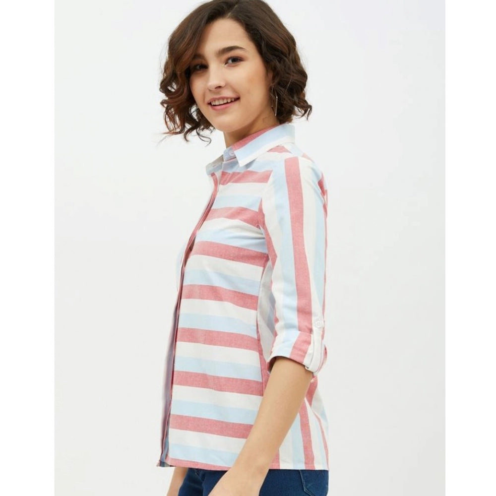 Women's Cotton Striped Long Sleeves Standard Length Shirt — Pink
