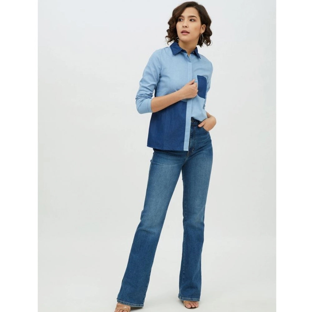Women's Denim Patch Work Long Sleeves Standard Length Shirt — Blue