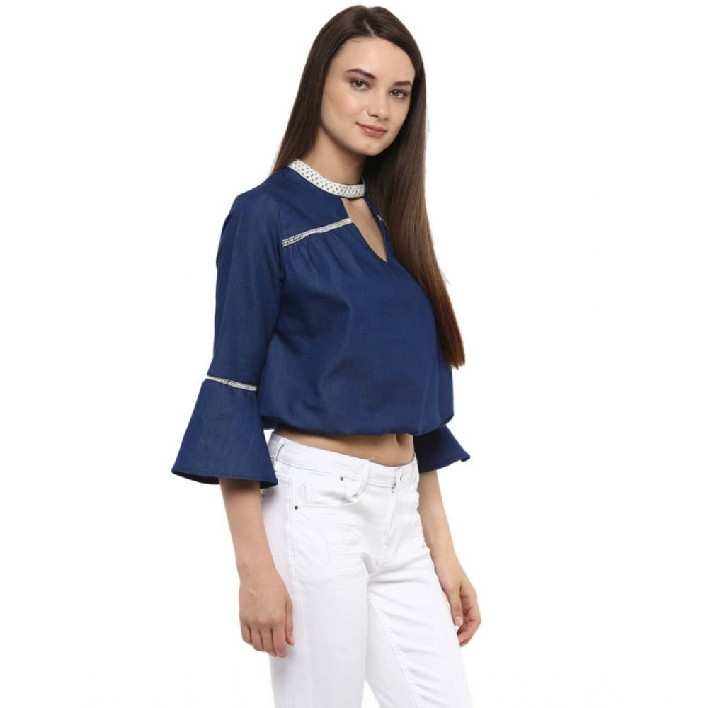Women's Solid Bell Sleeve Regular Top — Blue