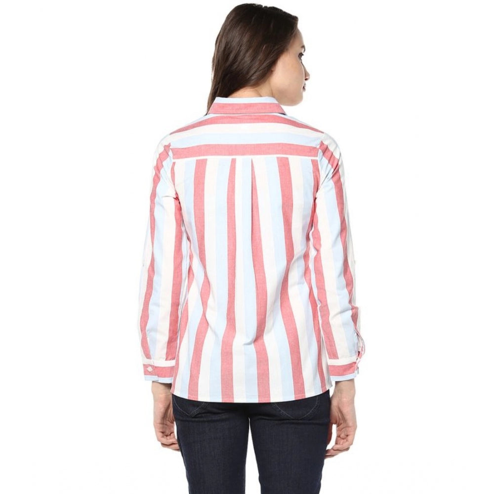 Women's Cotton Striped Roll Up Sleeve Regular Top — Red