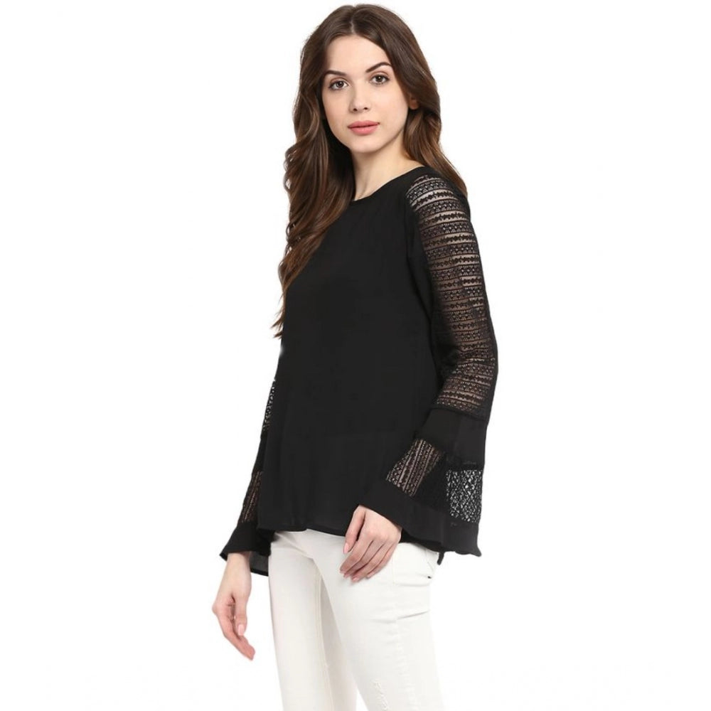 Women's Georgette Self Design Bell Sleeve Regular Top — Black
