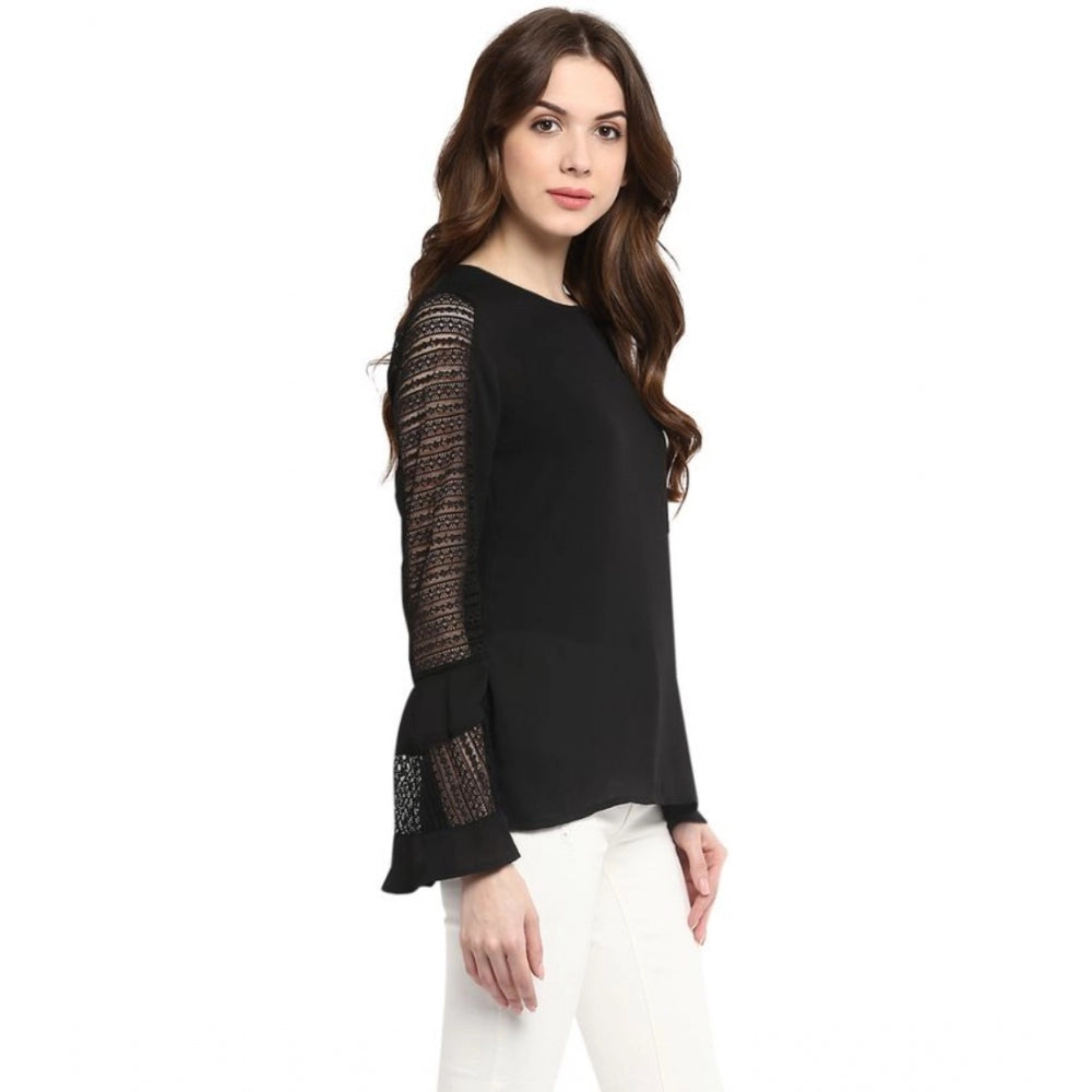 Women's Georgette Self Design Bell Sleeve Regular Top — Black