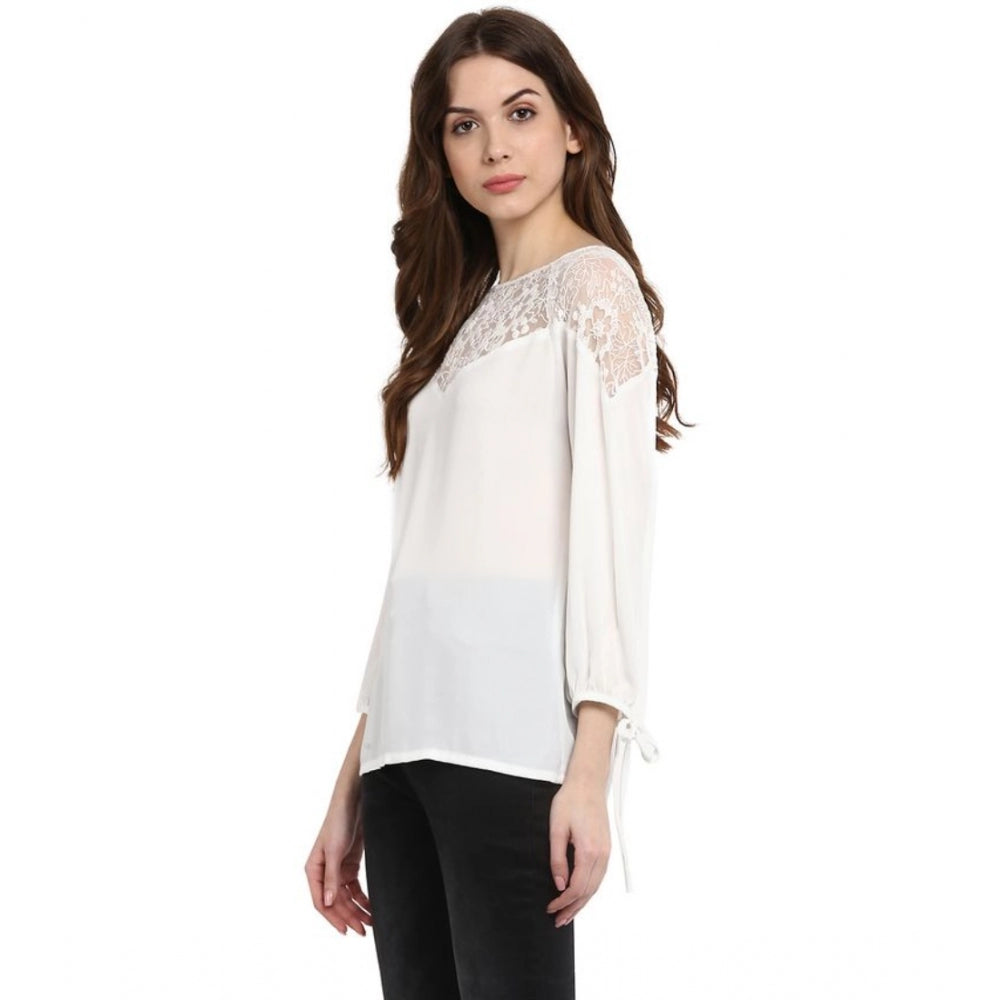 Women's Georgette Self Design 3-4th Sleeves Regular Top — White