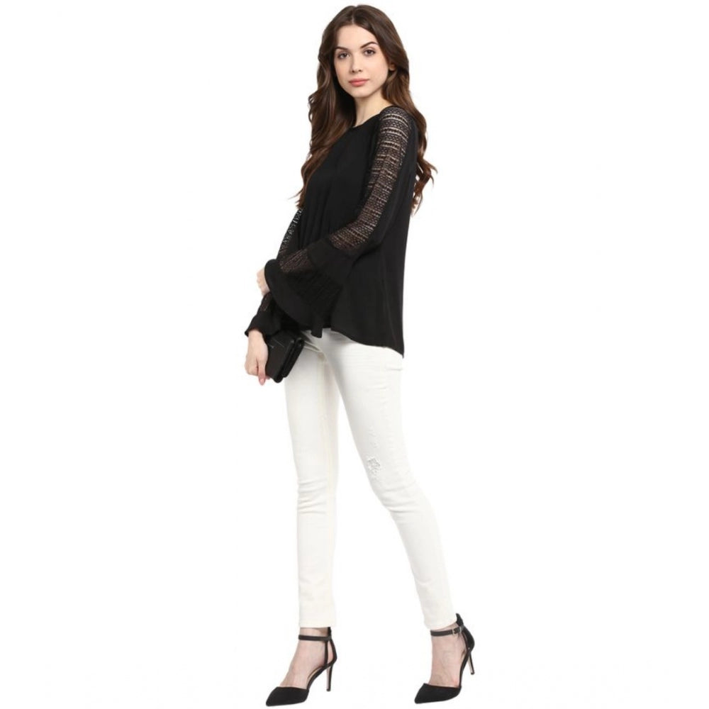 Women's Georgette Self Design Bell Sleeve Regular Top — Black