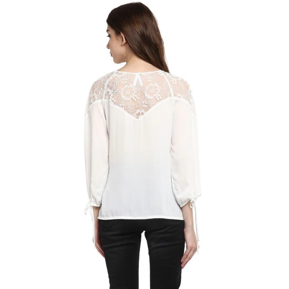 Women's Georgette Self Design 3-4th Sleeves Regular Top — White