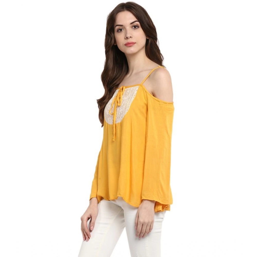 Women's Rayon Embellished Cold Shoulder Regular Top — Mustard Yellow