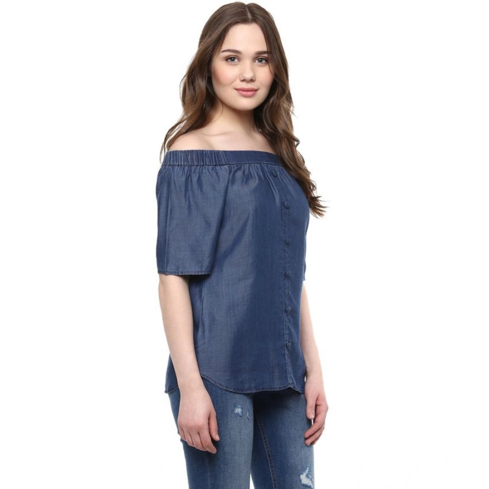 Women's Denim Solid Short Sleeve Regular Top — Blue