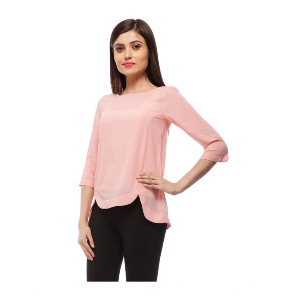 Women's Solid 3-4th Sleeves Regular Top — Peach