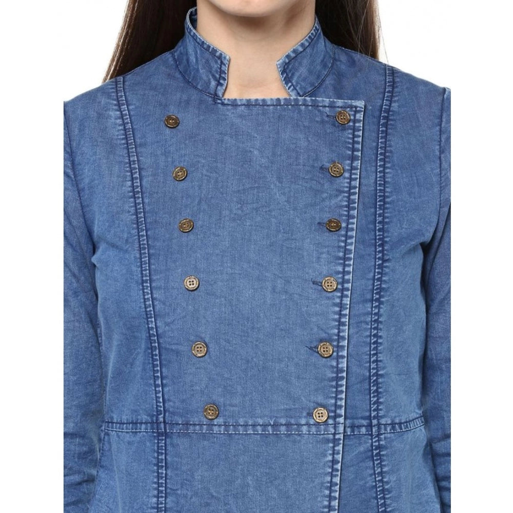 Women's Denim Solid 3-4th Sleeves Regular Top — Blue