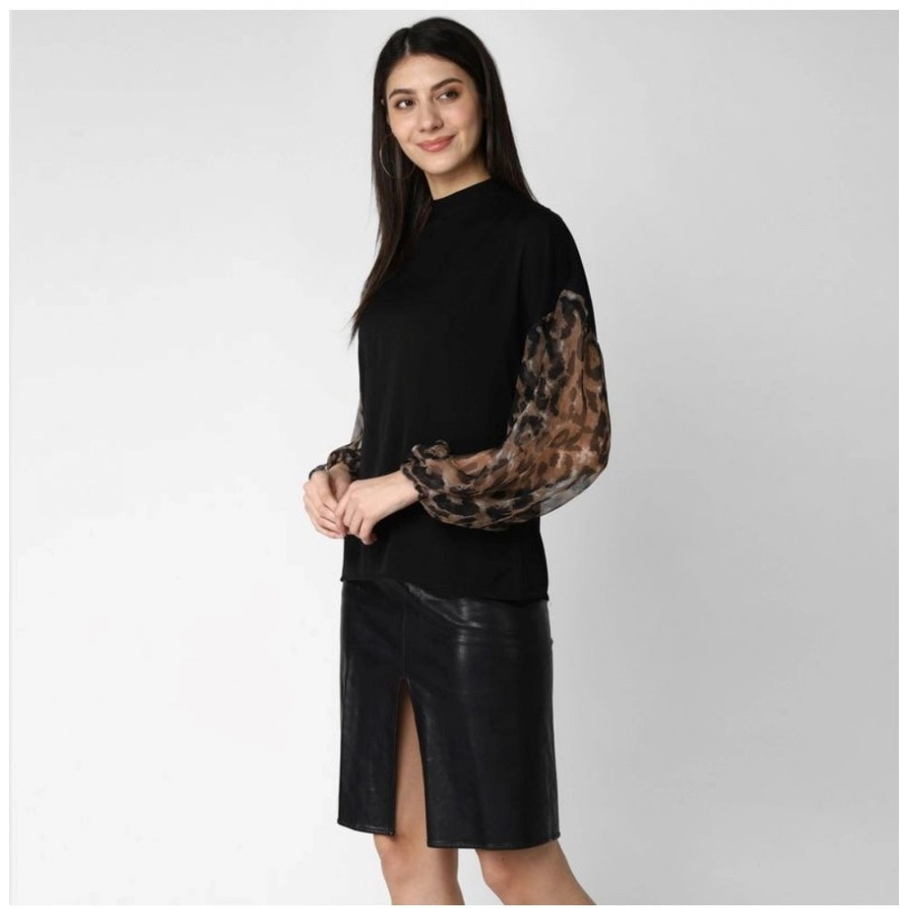 Women's Animal Print Long Sleeves Top — Black