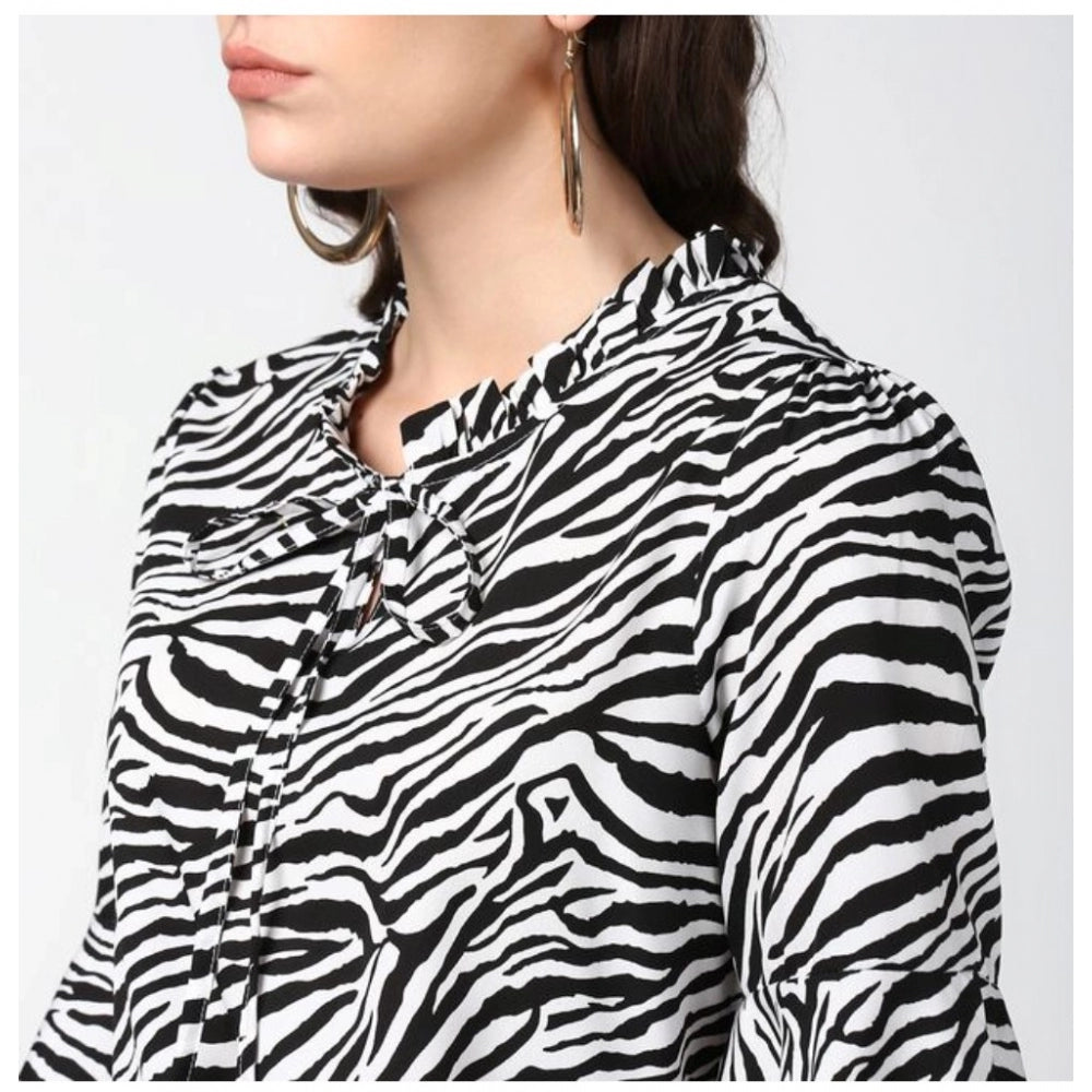 Women's Animal Print Bell Sleeve Top — Black - White