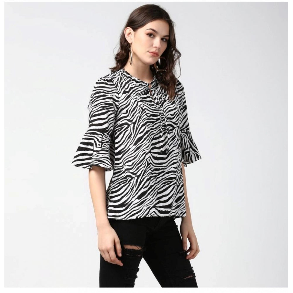 Women's Animal Print Bell Sleeve Top — Black - White