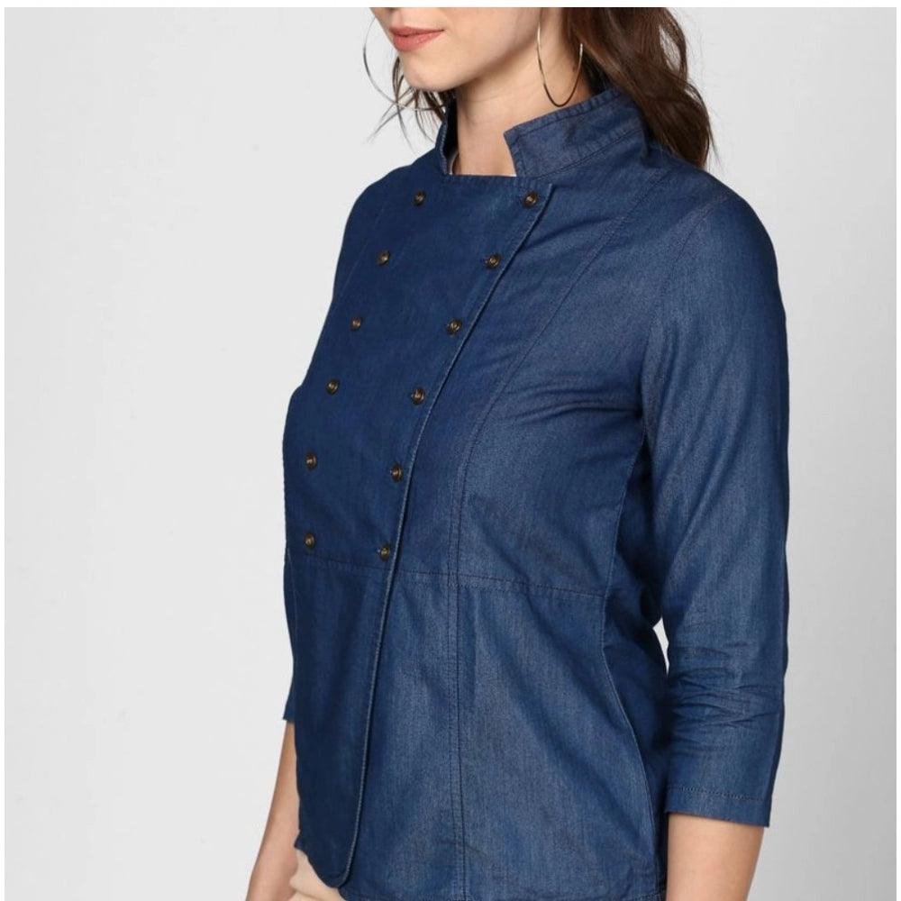 Women's Denim Solid 3-4th Sleeves Top — Blue