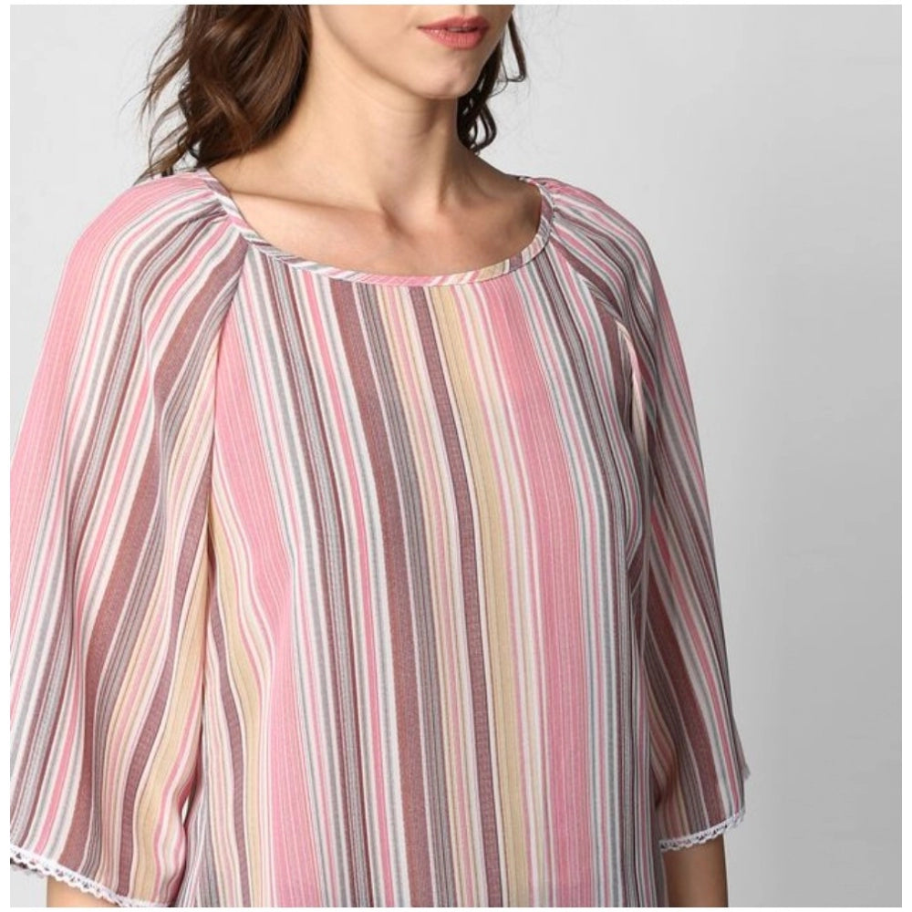 Women's Striped 3-4th Sleeves Top — Pink