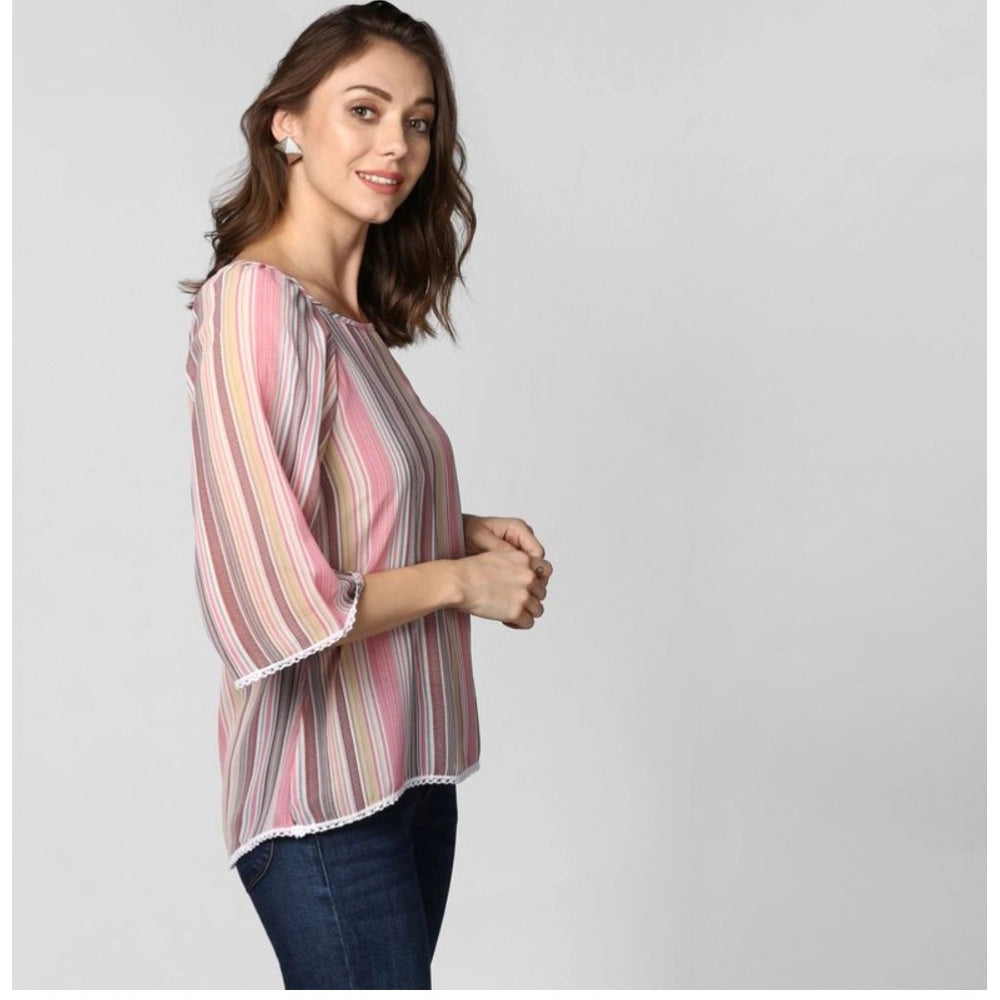Women's Striped 3-4th Sleeves Top — Pink