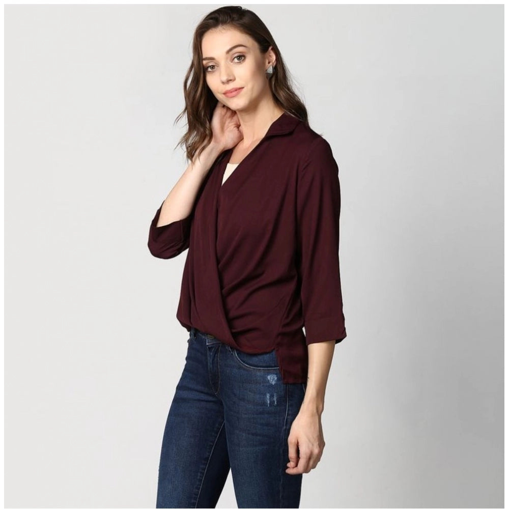 Women's Solid 3-4th Sleeves Top — Maroon