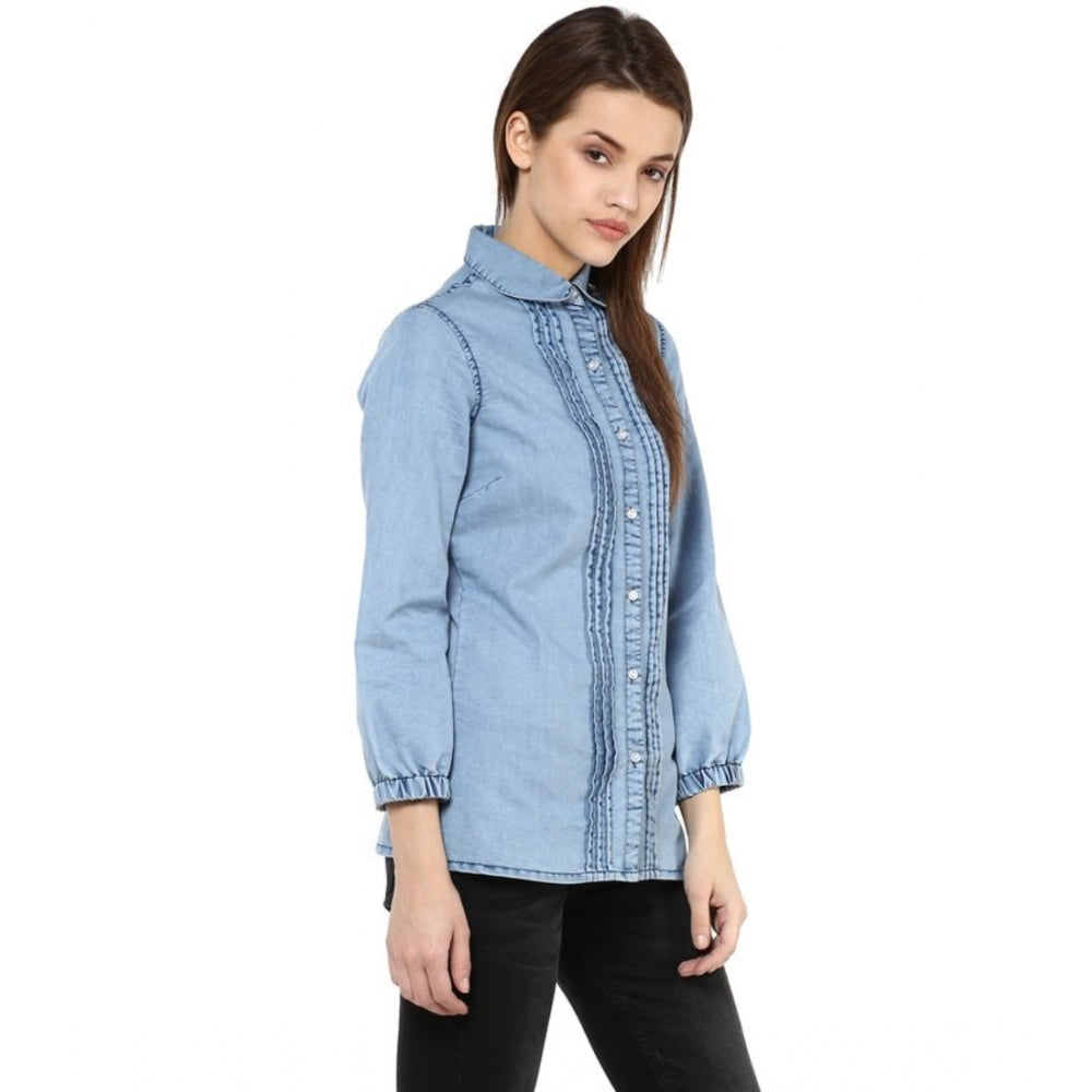 Women's Denim Solid 3-4th Sleeves Standard Length Shirt — Blue