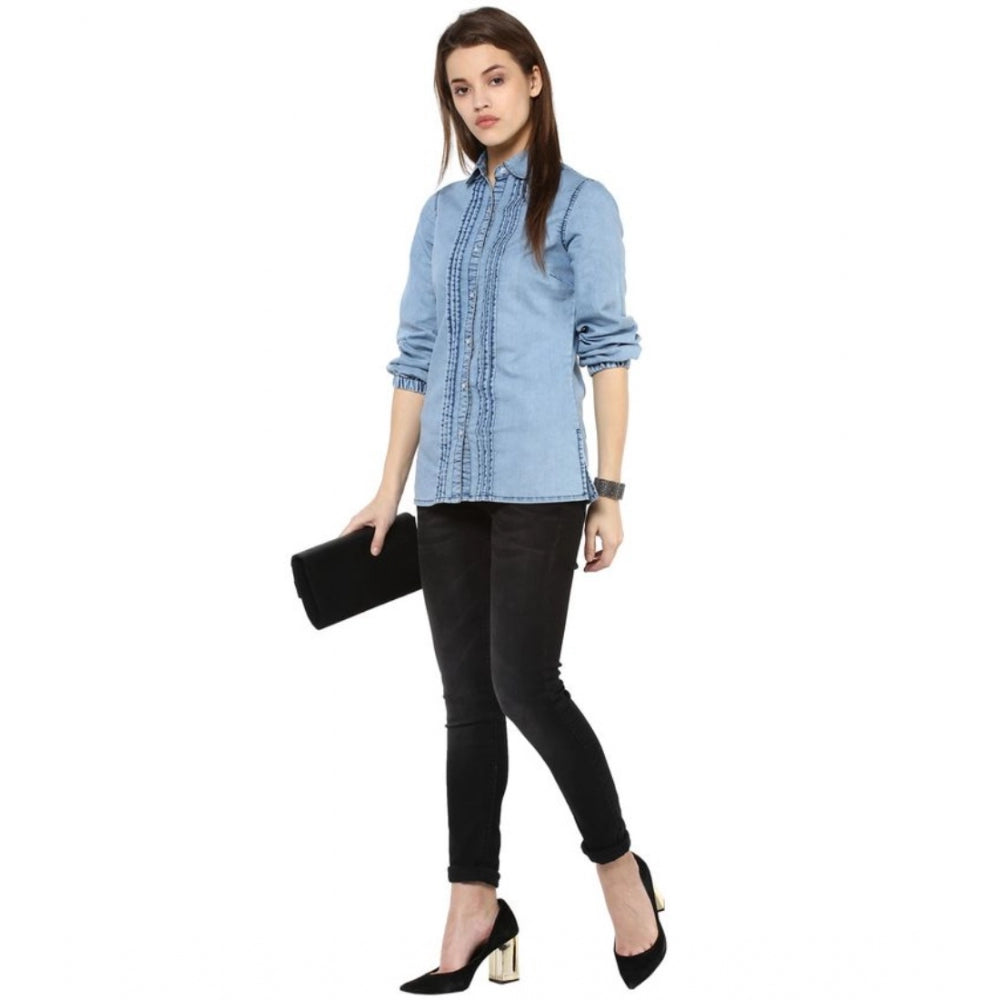 Women's Denim Solid 3-4th Sleeves Standard Length Shirt — Blue