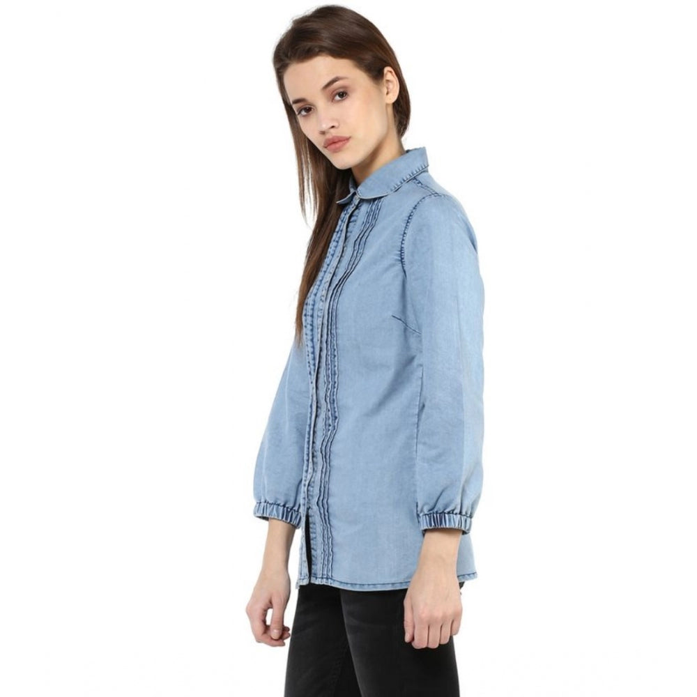 Women's Denim Solid 3-4th Sleeves Standard Length Shirt — Blue