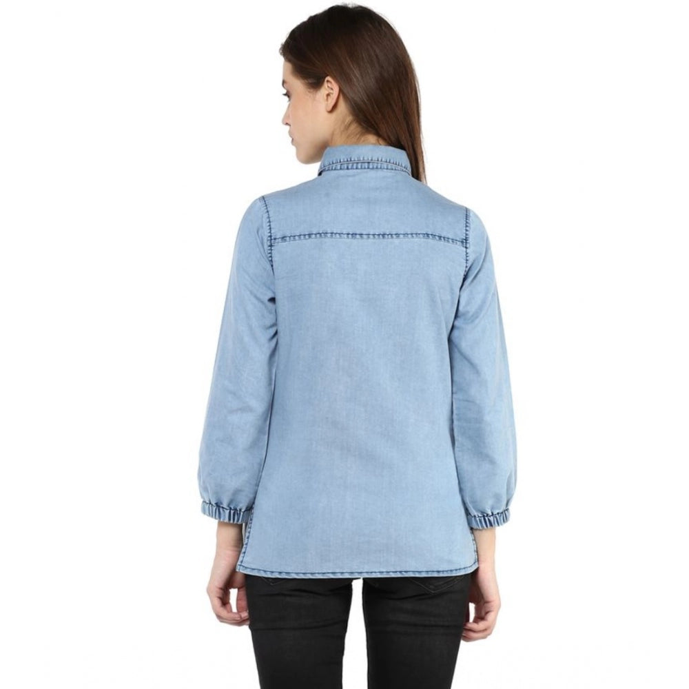 Women's Denim Solid 3-4th Sleeves Standard Length Shirt — Blue