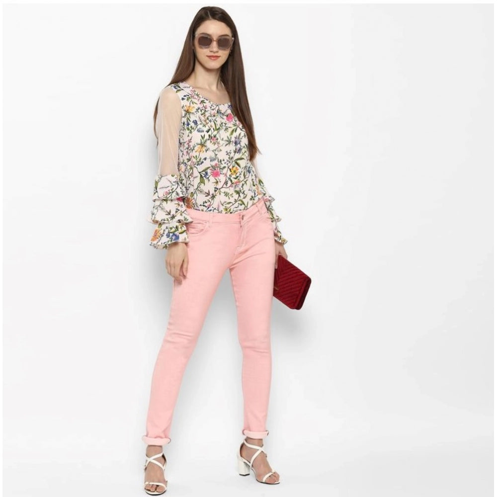 Women's Denim Solid Buttoned Jeans — Pink