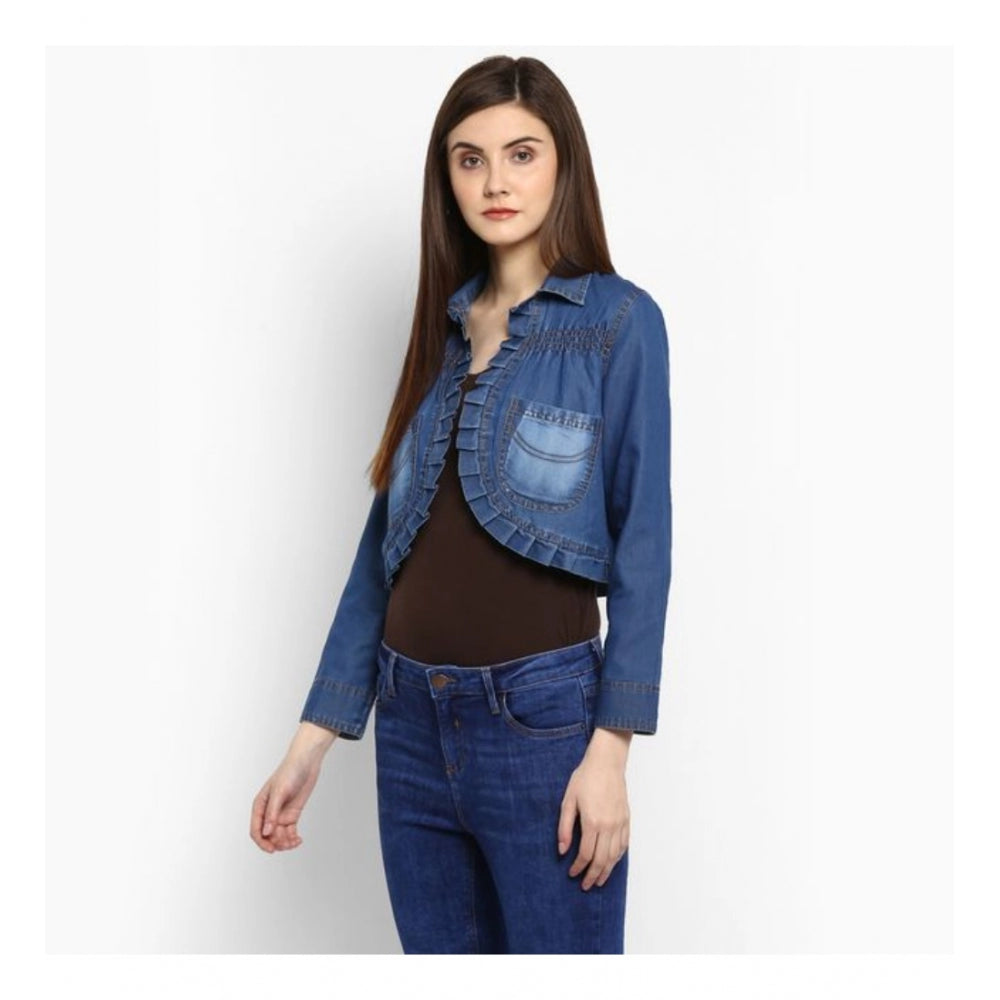 Women's Denim Pleated 3-4th Sleeves Shrug — Blue