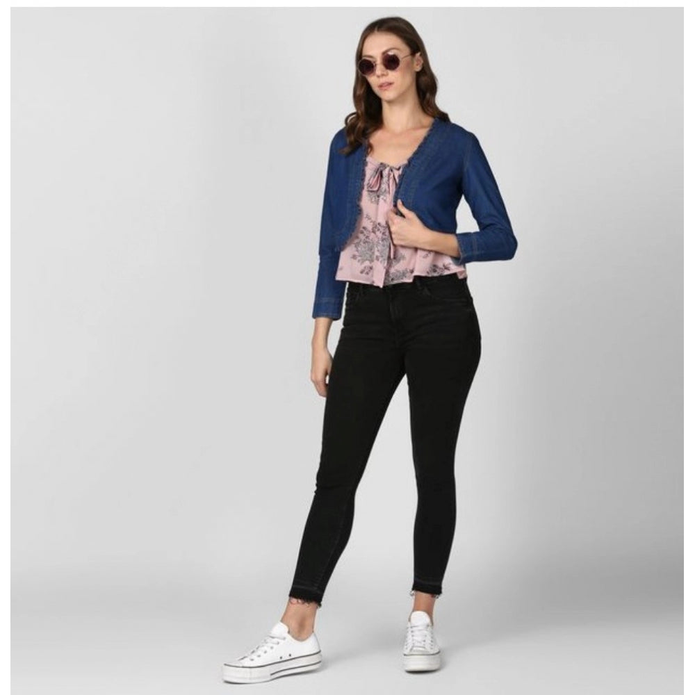 Women's Denim Ruffled Long Sleeves Shrug — Navy Blue
