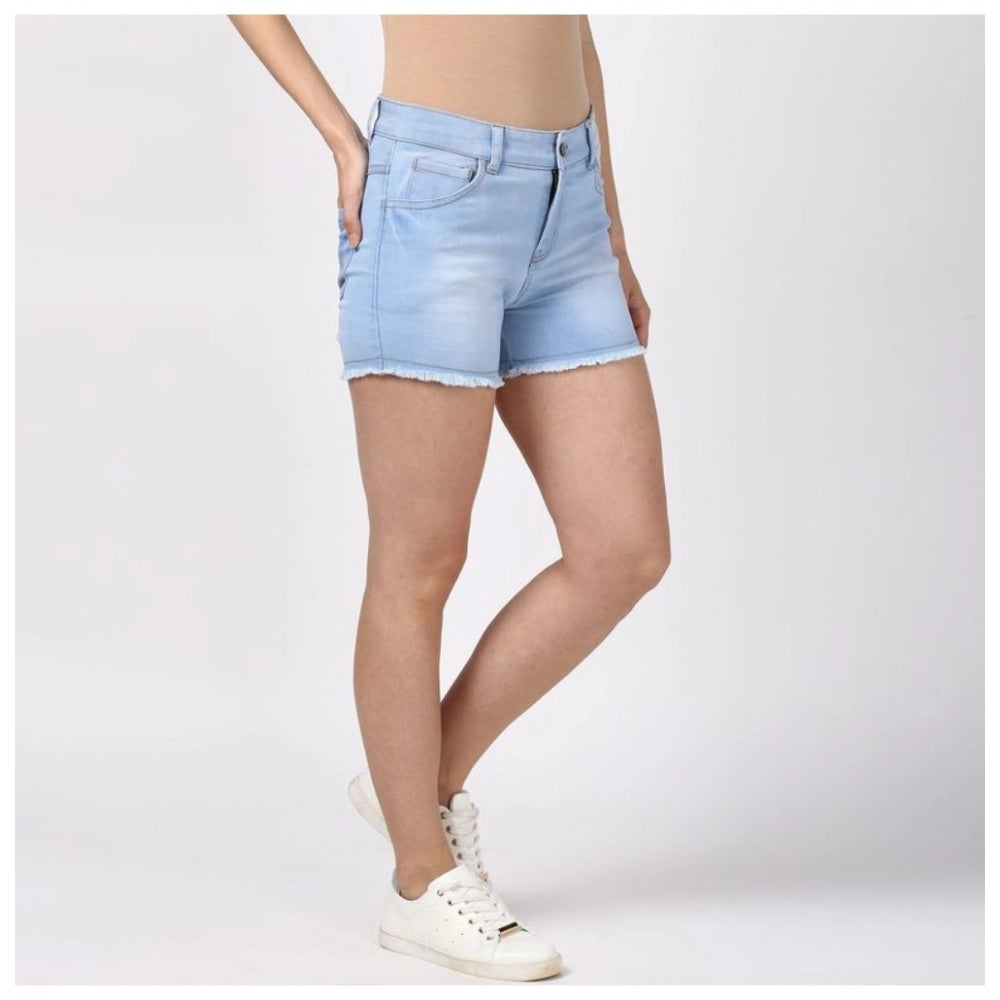 Women's Denim Solid Buttoned Shorts — Blue