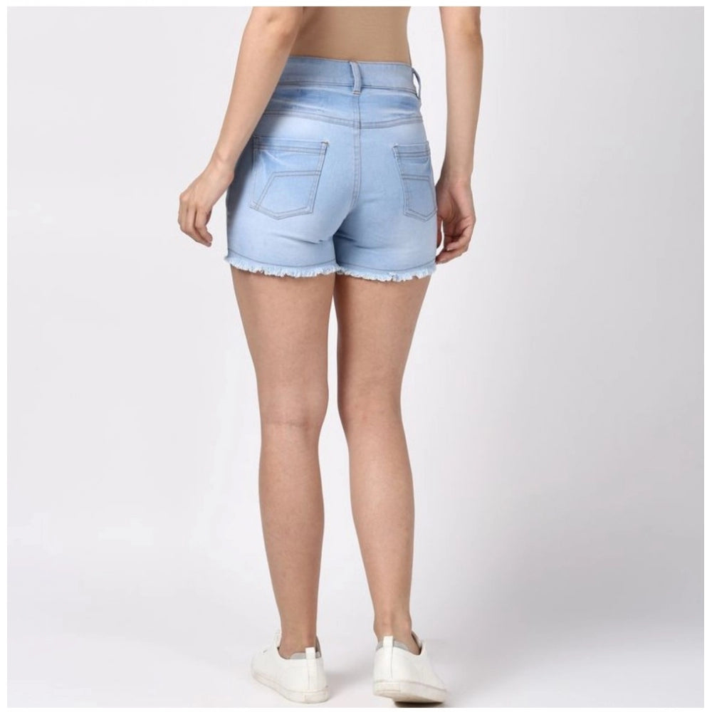 Women's Denim Solid Buttoned Shorts — Blue