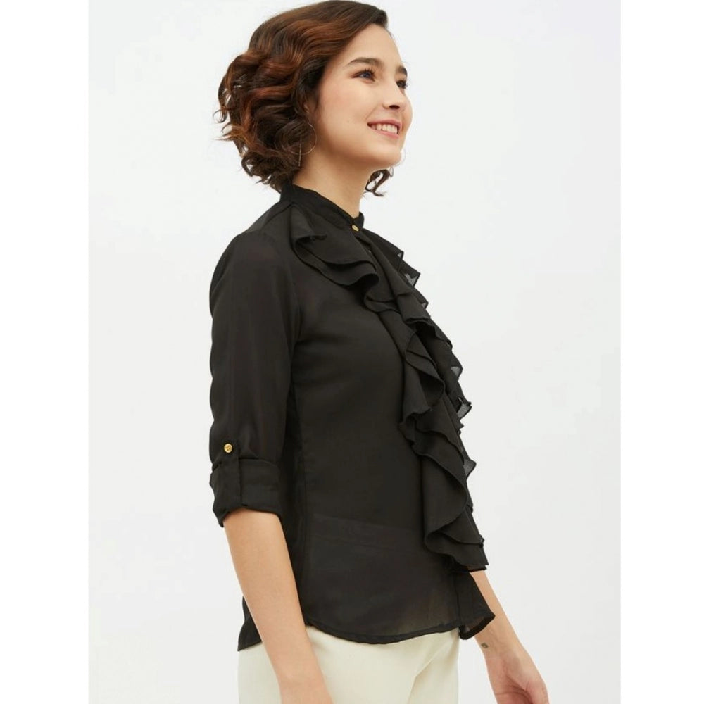 Women's Ruffled Long Sleeves Standard Length Shirt — Black
