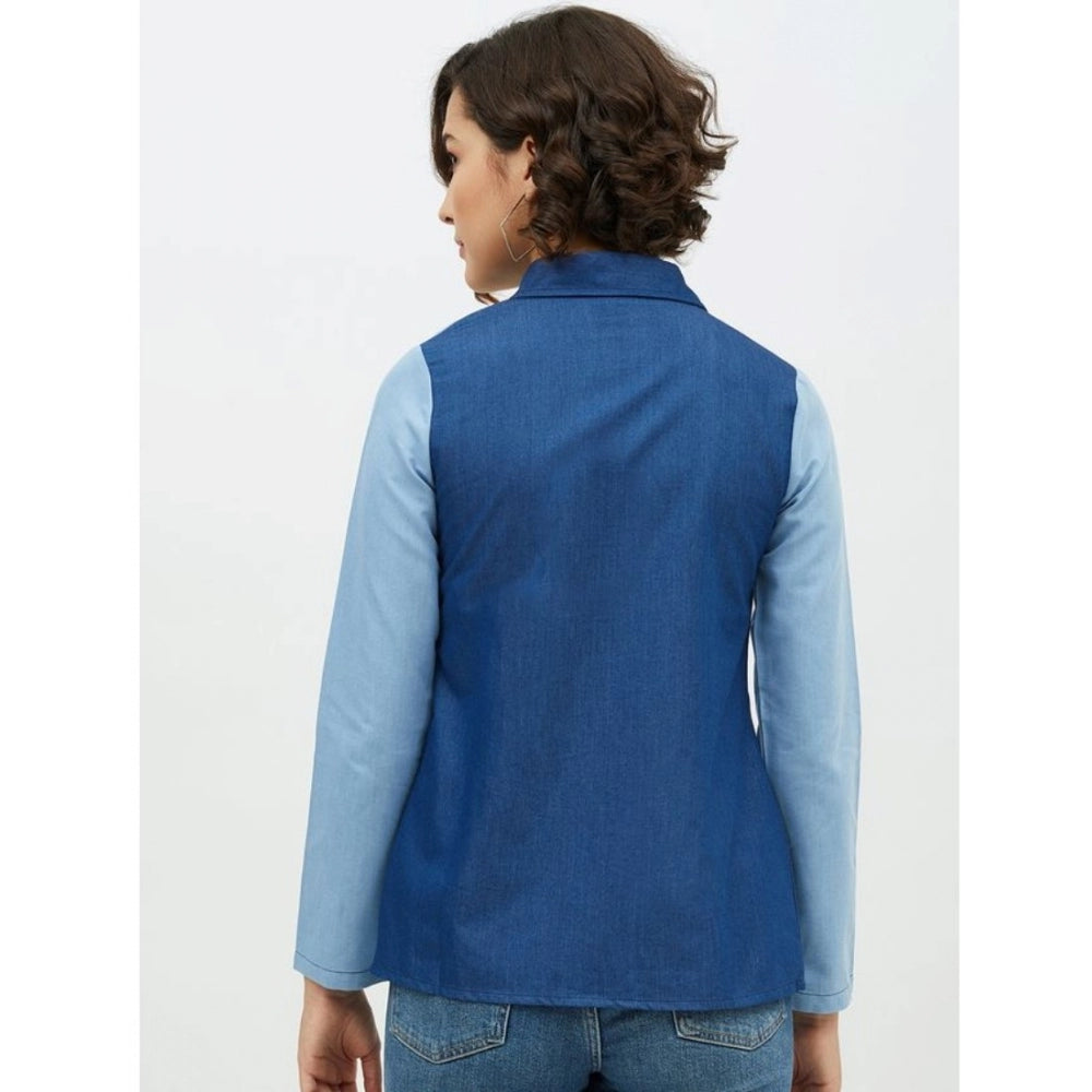 Women's Denim Patch Work Long Sleeves Standard Length Shirt — Blue