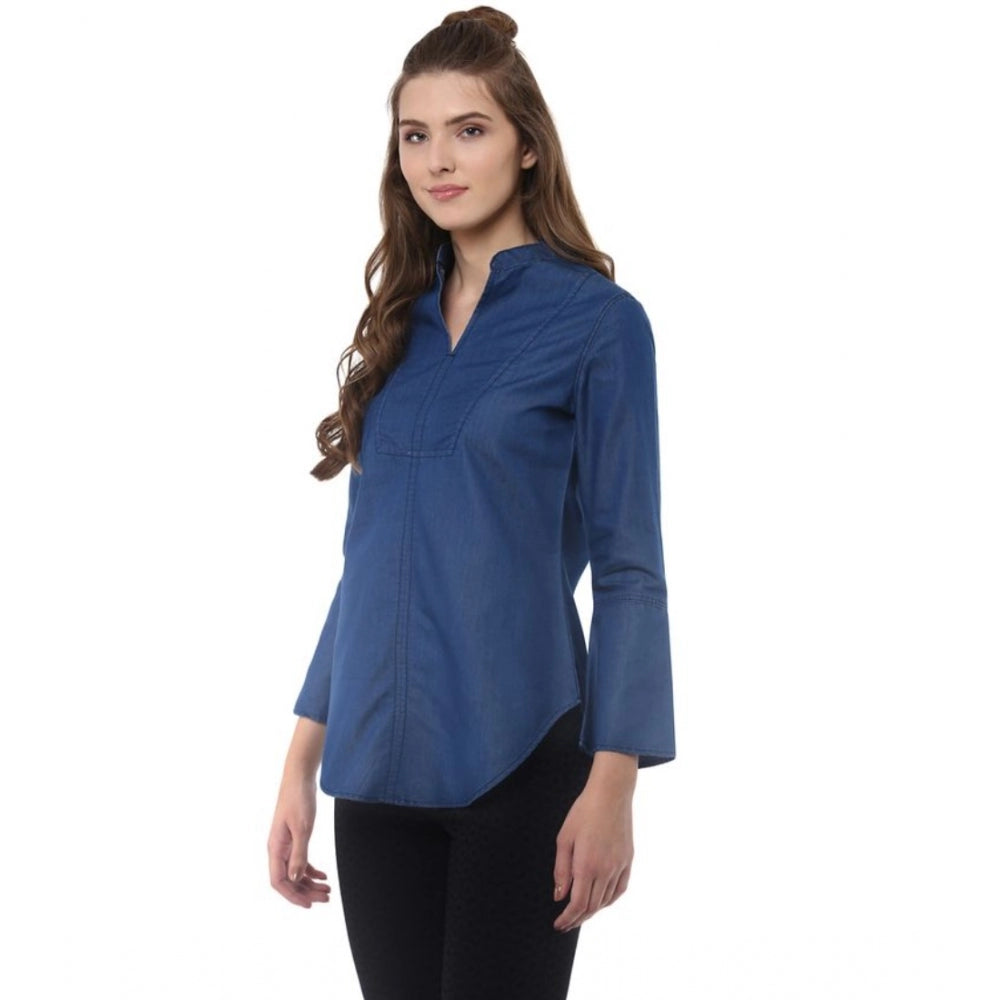 Women's Denim Solid Bell Sleeve Regular Top — Blue Denim